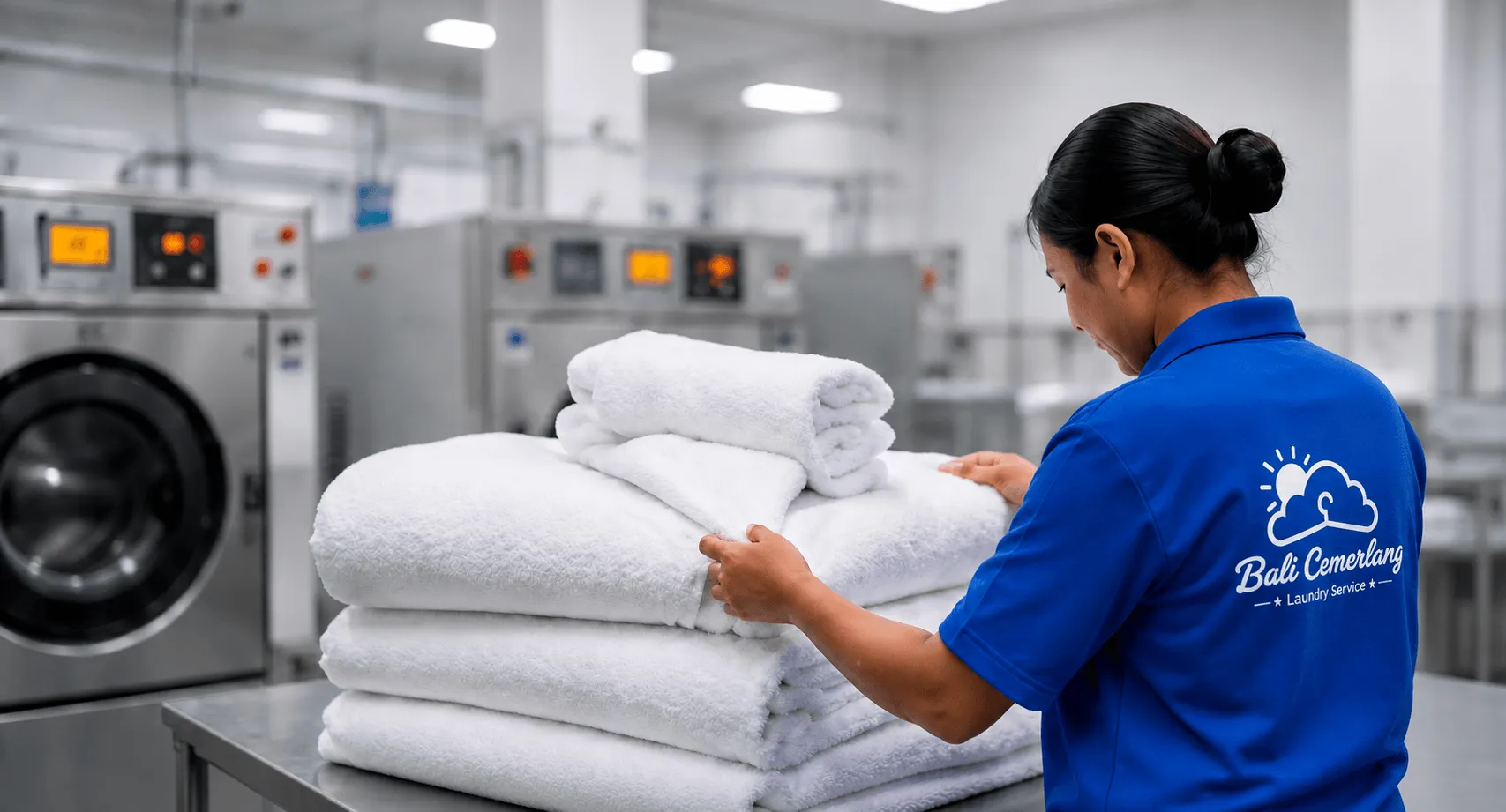 Bali Cemerlang Laundry staff folding hotel towels with high hygiene standards