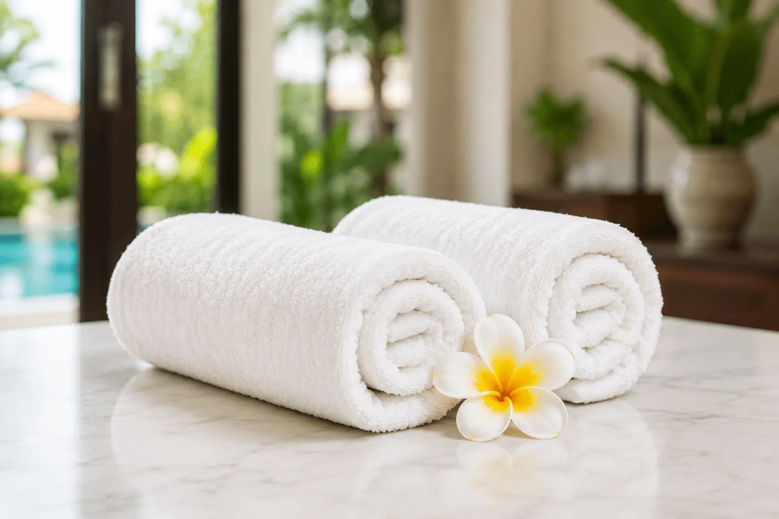 Fresh towels and bed linens prepared for villa guests in Bali